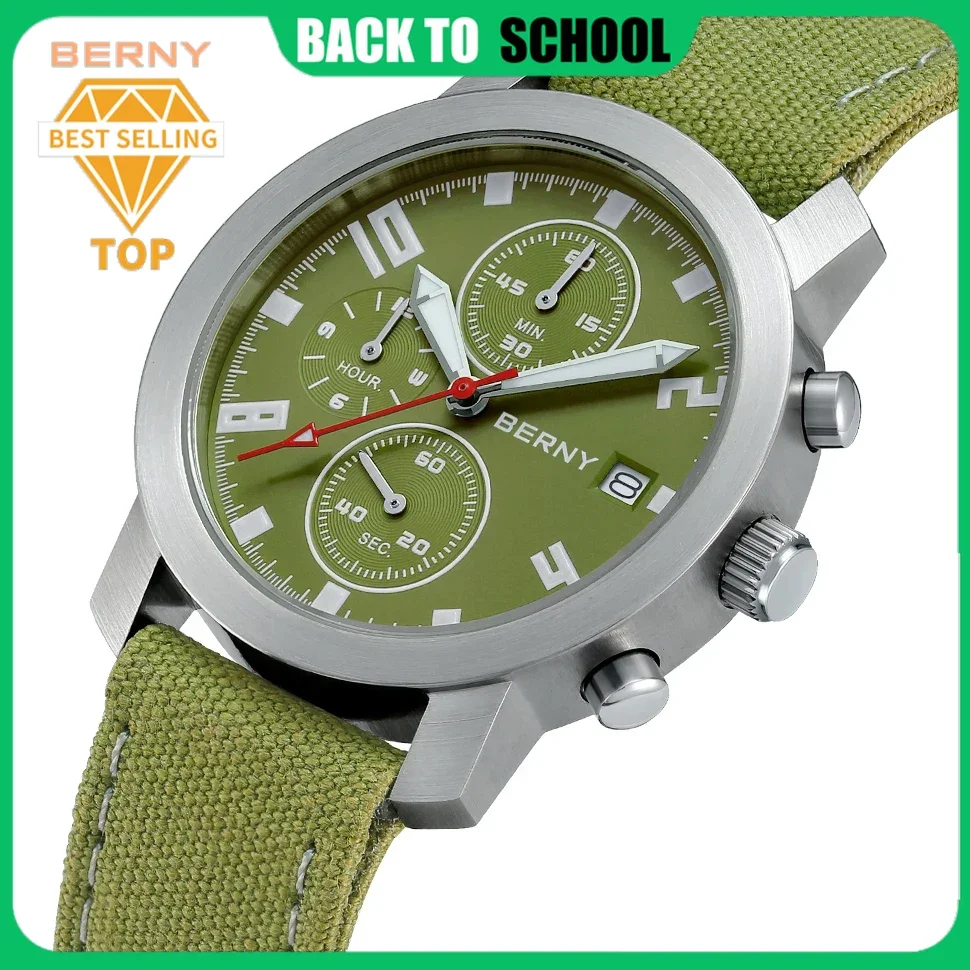 

BERNY Quartz Watch for Men Pilot Chronograph Multifunction Sapphire Luminous 5ATM Date Clock Canvas Bracelet Sports Wristwatch