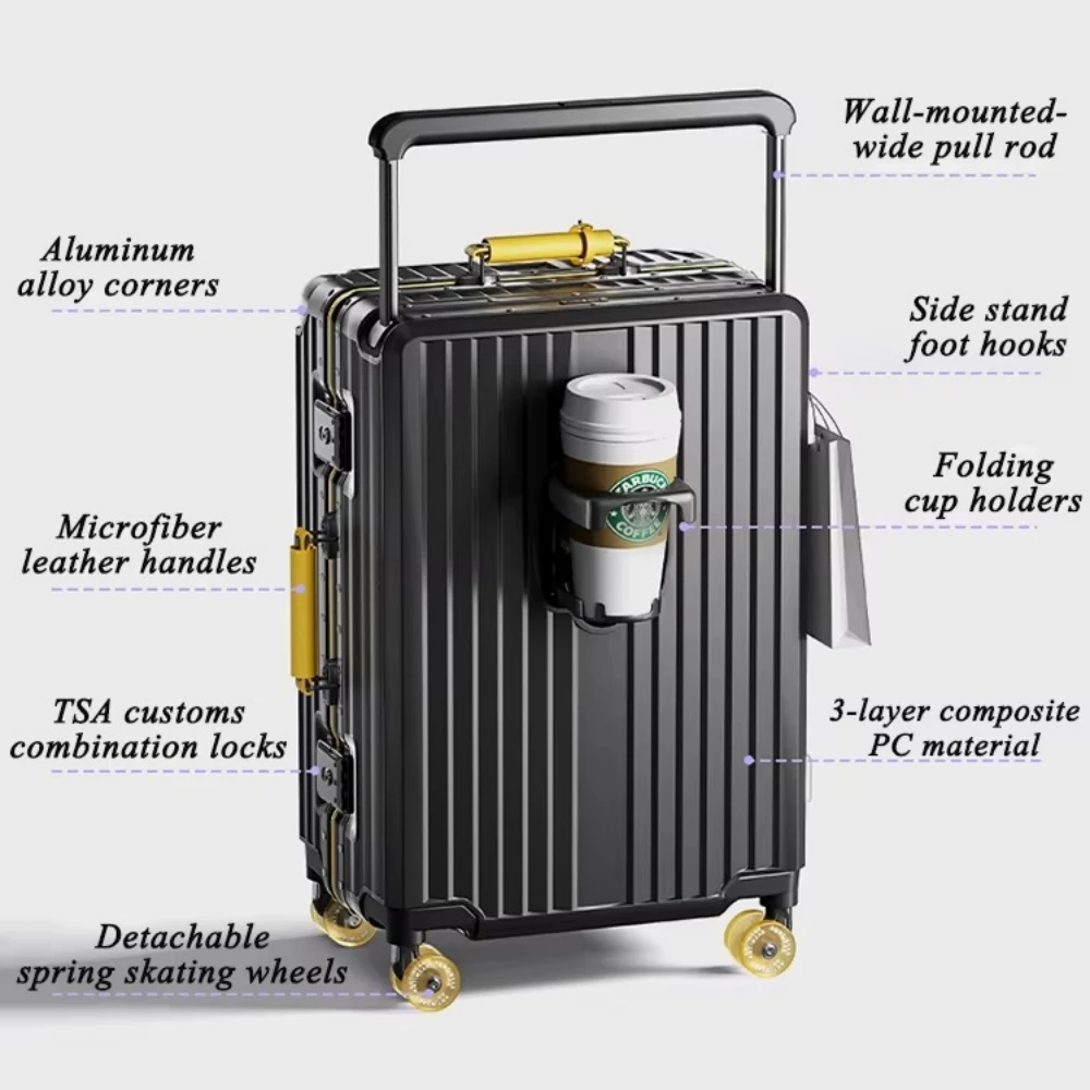 حقيبة سفر بإطار من الألومنيوم ذات سعة كبيرة ومقود واسع مع قفل TSA بعجلة دوارة صامتة ملونة