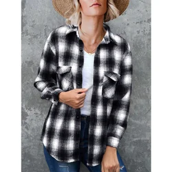 Women's Clothing Temperament Versatile 2023 Autumn and Winter New Fashion Spliced Button Lapel Long Sleeve Commuting Plaid Shirt