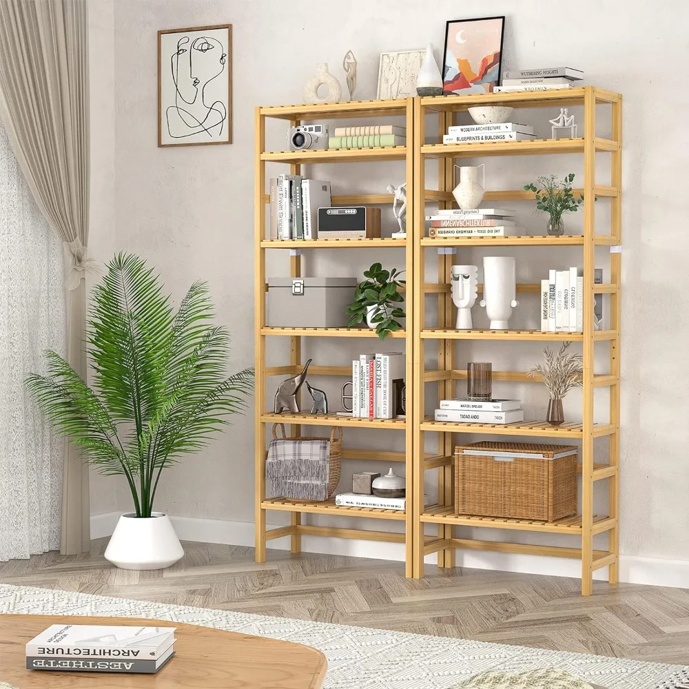 

Bookshelf, 6-Tier Bamboo Adjustable 63.4” Tall Bookcase Book Shelf Organizer, Free Standing Storage Shelving Unit