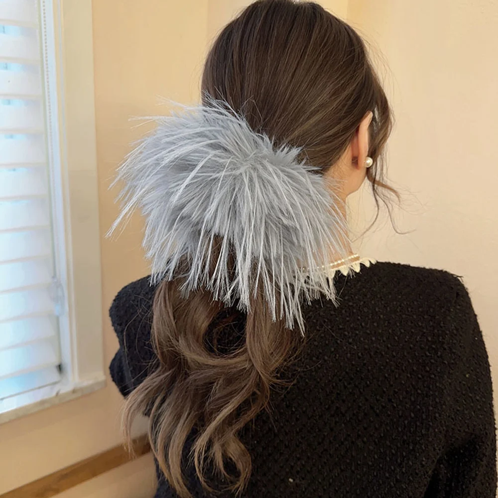 Fashion Fluffy Feather Hair Scrunchies Elegant Elastic Hair Rope Ponytail Holder Women Large Hair Band Plush Hair Accessories