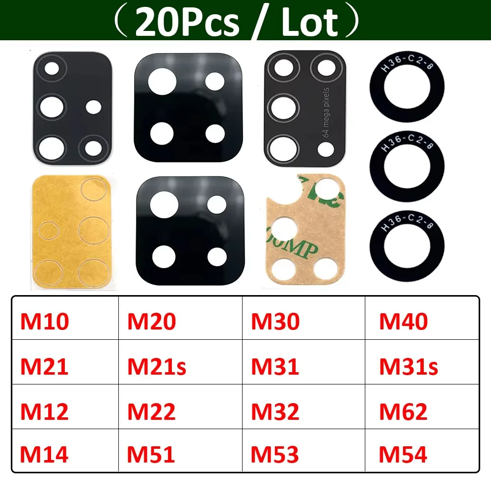 20Pcs Back Rear Camera Glass Lens With Sticker For Samsung M10 M20 M30 M12 M14 M21 M21s M31 M31s M51 M22 M32 M62 M53 M54 4G 5G