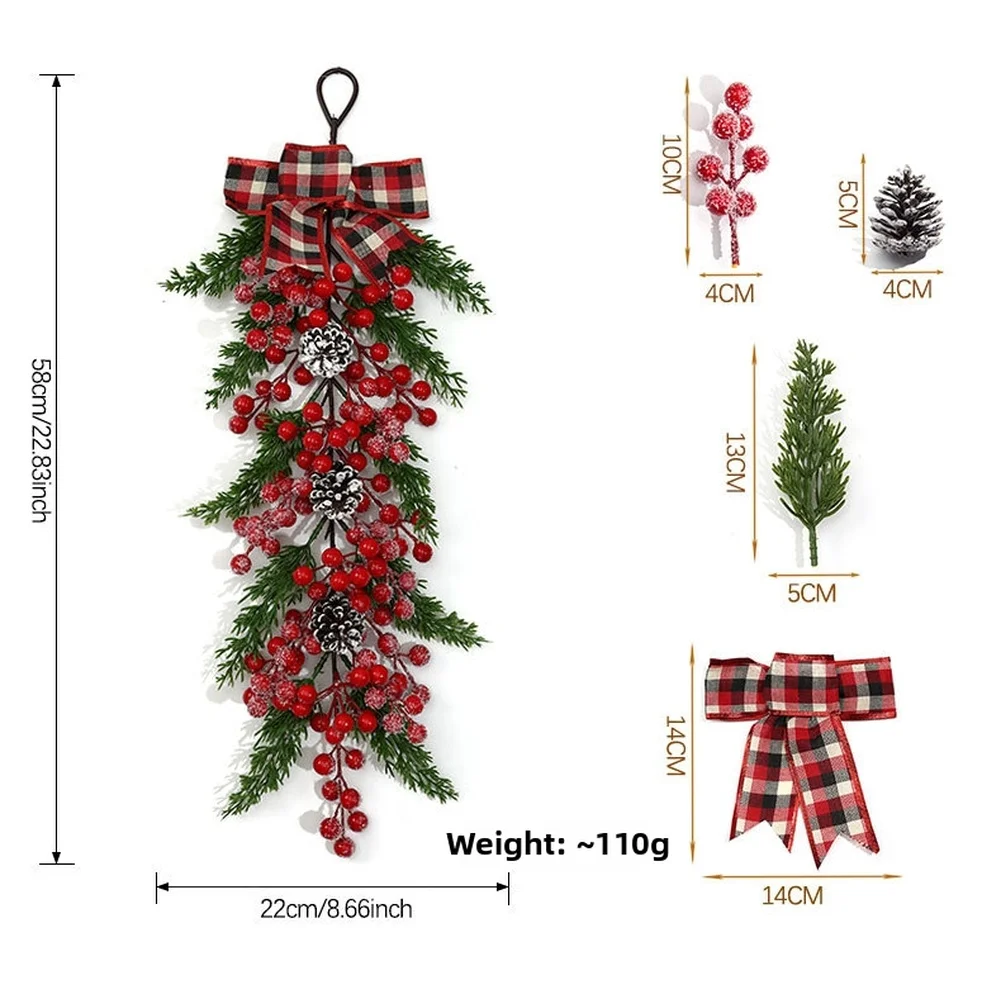 Christmas Wall Hanging Plaid Bow Frosted Pinecone Berry Garland For Nordic Holiday Home Door Mantel Winter Festival Decor