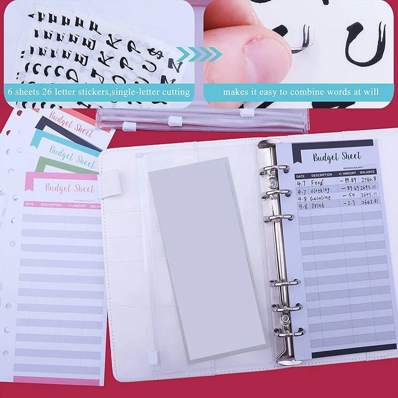A6 PU Binder Cover With A6 Binder Pockets Expense Budget Sheets Sticker Labels For Money Saving Cash Envelopes System