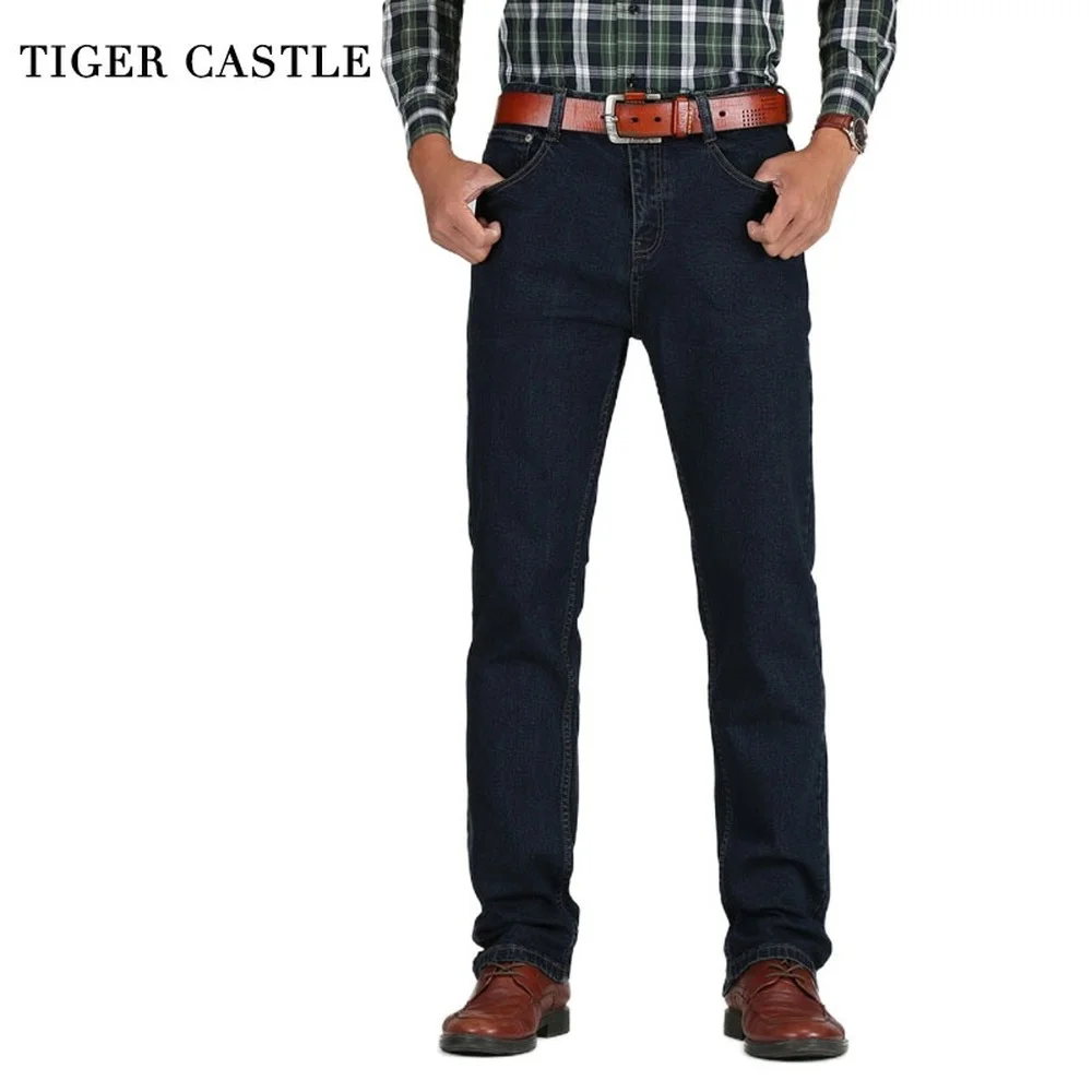 Tijger Kasteel Heren Hoge Taille Jeans Katoen Dikke Klassieke Stretch Jeans Blauw Mannelijke Denim Broek Lente Herfst Mannen Broek