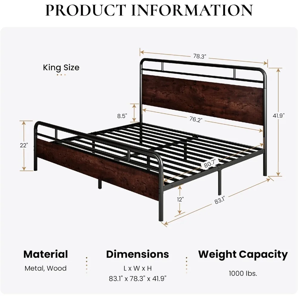 Bed Frame with Wooden Headboard and Footboard, Rounded Corner Metal Frame, Heavy Duty Platform Bed with Under Bed Storage No Box