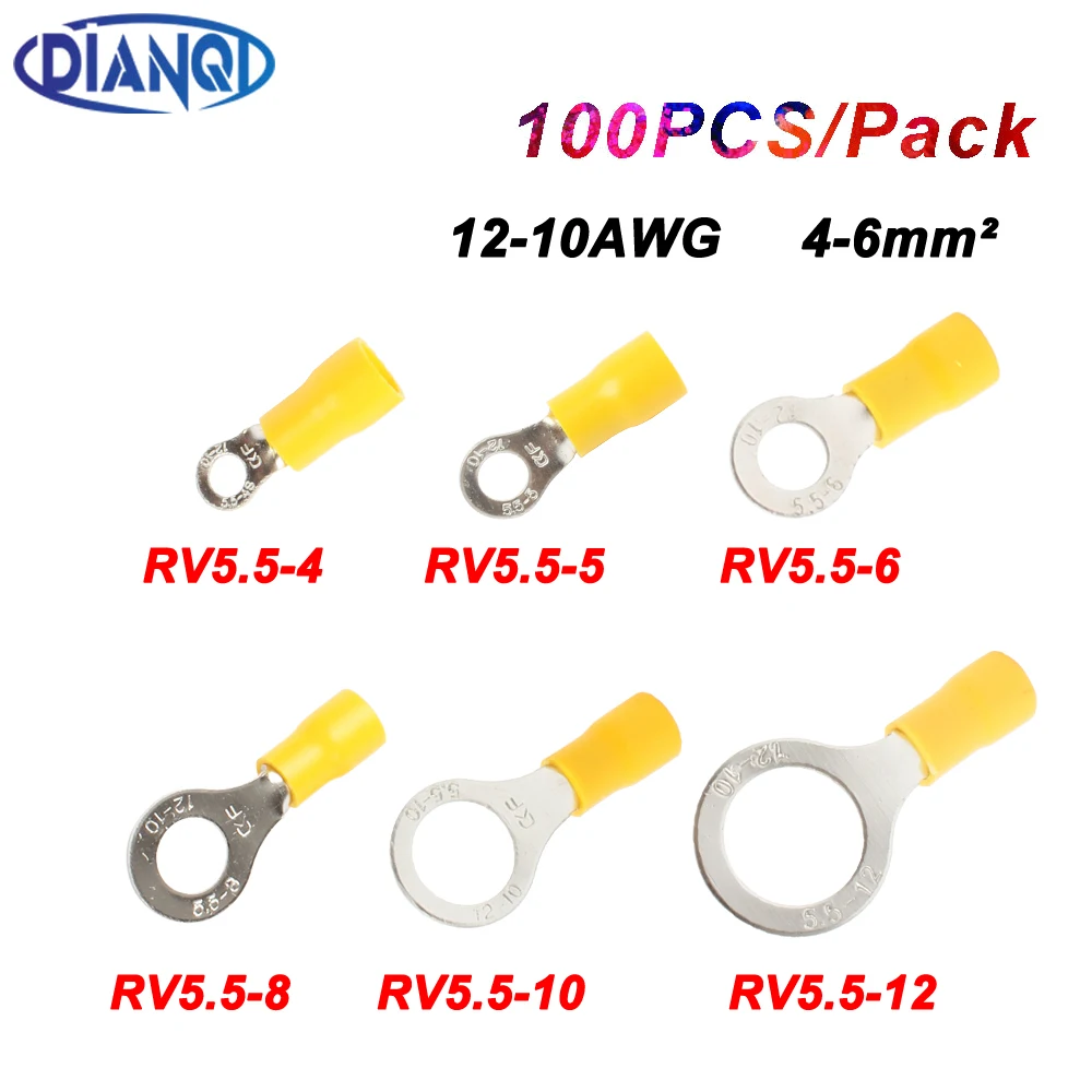 DIANQI RV5.5-5 żółty pierścień izolowany terminal końcówka zacisku kablowego 100 sztuk/paczka garnitur 4-6mm 2 złącze przewodu kablowego RV5-5 RV