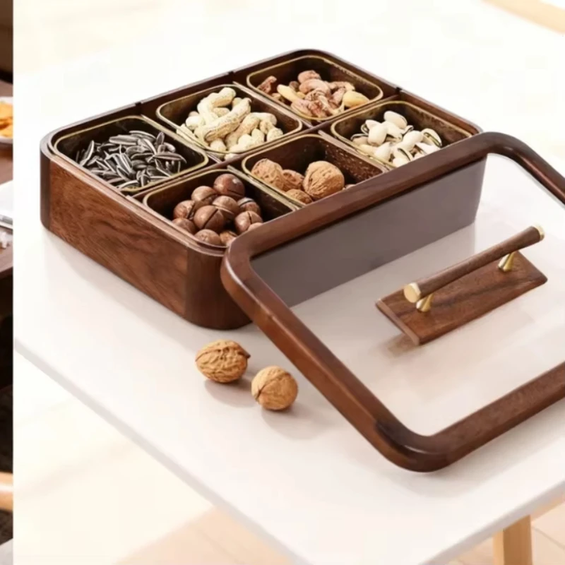 Wooden Separate Snack Tray with Lid - Multi-compartment Nut Storage Box for Living Room Coffee Table