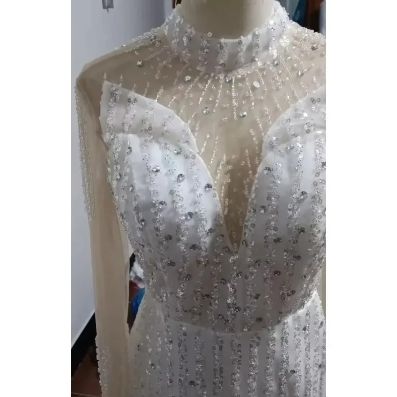 Customized Luxury Africa Mermaid Wedding Dresses Detachable Train High Neck Heavy Beaded Lace Long Sleeves Fish Tail Bridal Gown