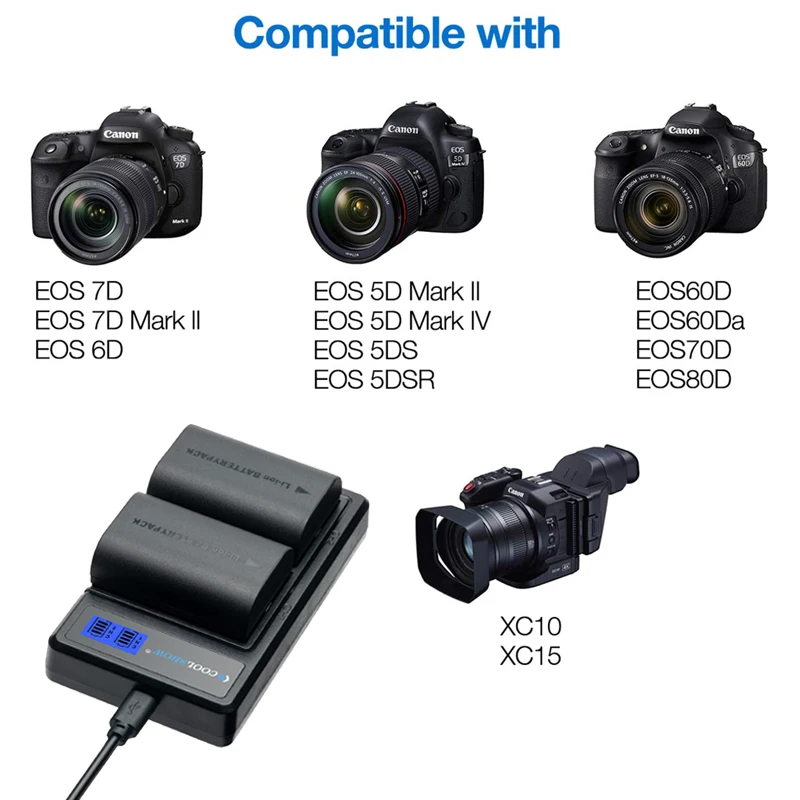 Batería Coolshow de 2600mah LP-E6 para Canon EOS 5D Mark II, III, IV, Cargador de Baterías para EOS 6D, 7D, 70D, 80D, 5DSR, R, 5D, Batería LP E6