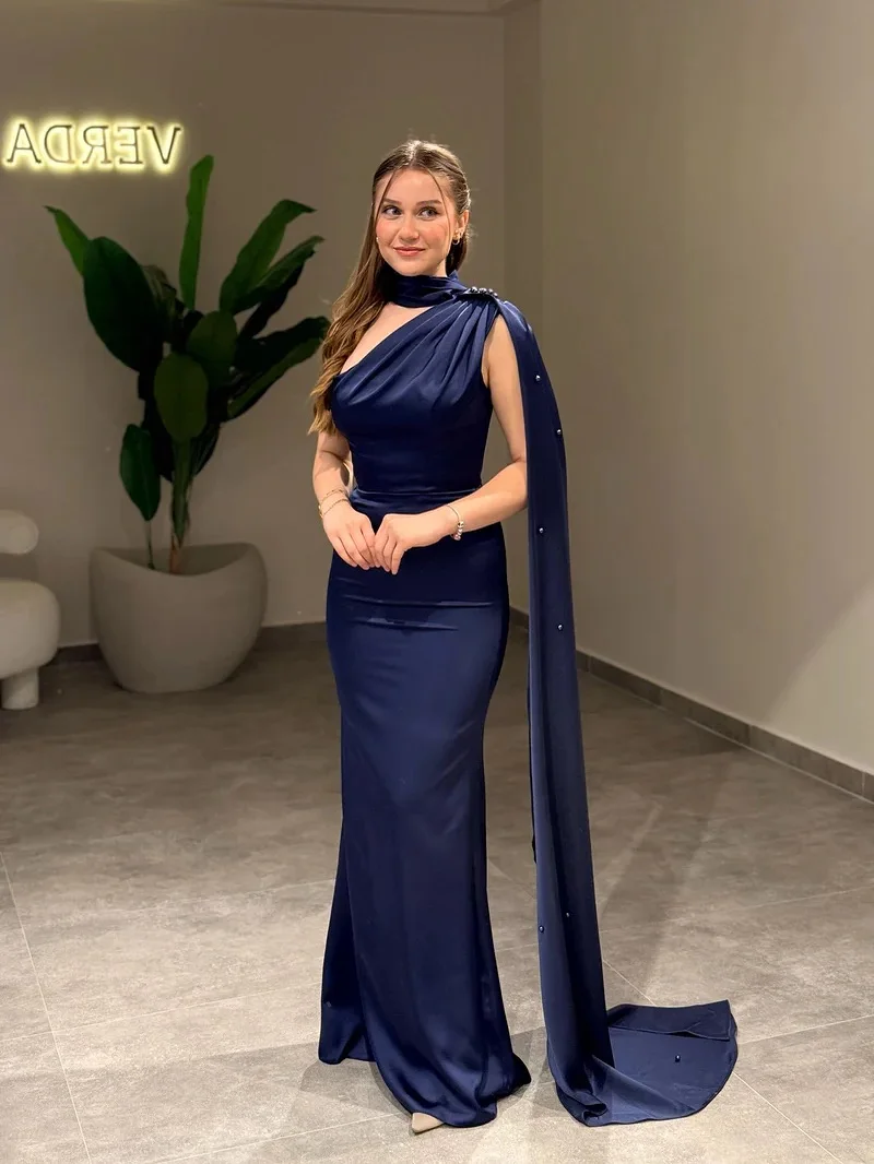 

Customized Elegant Navy Blue Prom Gown Halter Neck Mermaid Party Evening Dress Saudi Floor-length Formal Occasion Dresses