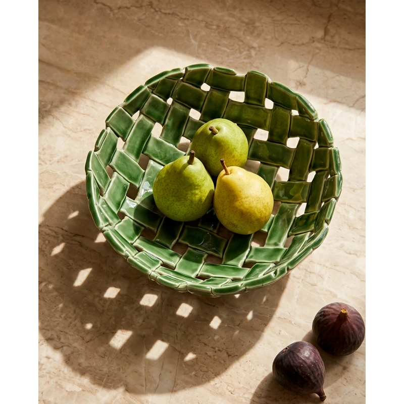 Versatile Round Ceramic Fruit Tray Handwoven Pattern Premium Quality for Snacks Fruits Home Desk Kitchen Storage