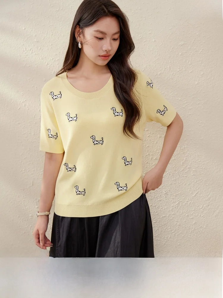 

Модная вязаная рубашка с вышивкой в виде собаки, универсальная летняя модель для женщин больших размеров, стильный дизайн вне времени, корейский стиль, для повседневной носки