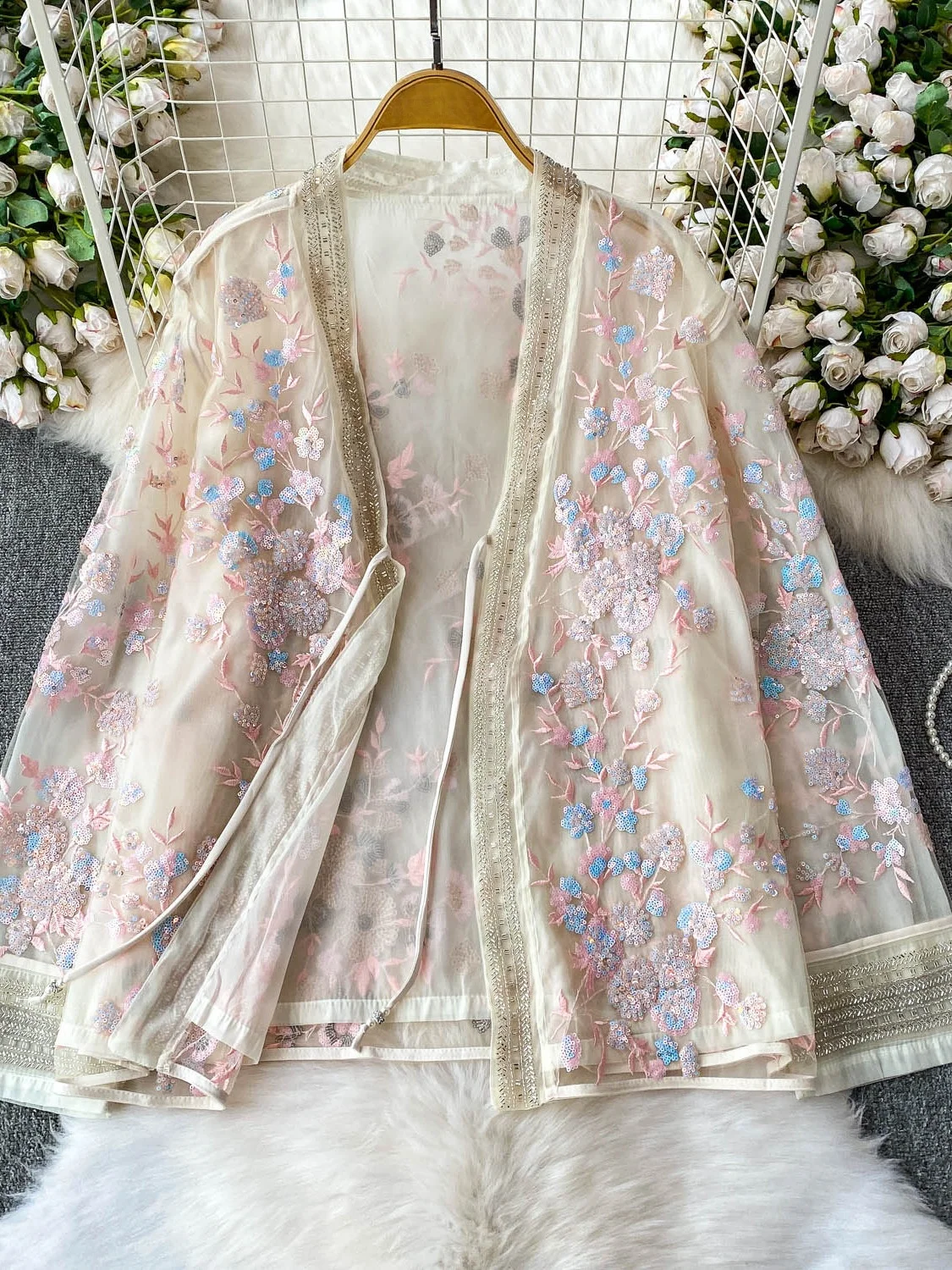 

Bling Bling Drill Embellished Heavy Work Open Cardigan Outerwear Women's Loose Style Slimming Age-defying Thin Shirt