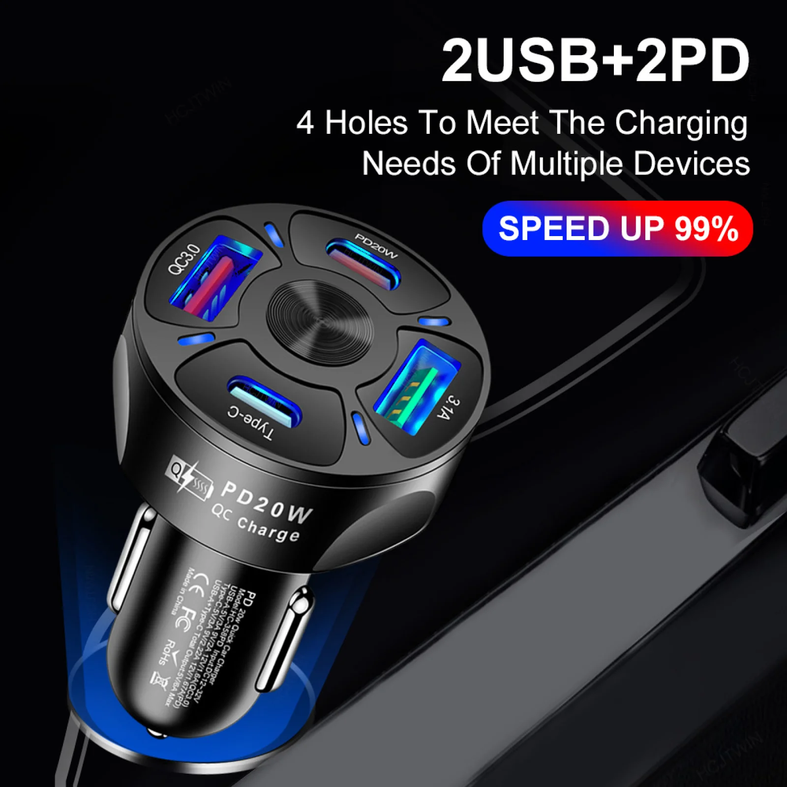 Dual USB C PD 20W Car Charger Fast Charging PD Quick Charge 3.0 USB C Car Phone Charger Adapter For iPhone Xiaomi Samsung