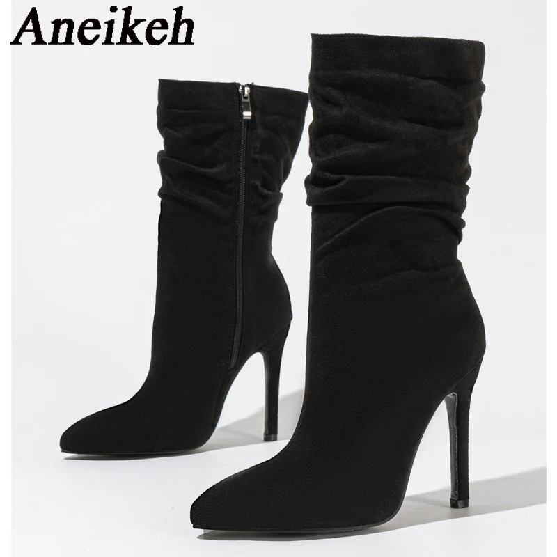 Aneikeh Sexy Pointed Toe Party Stripper Dance Heels Fashion Pleated Ankle Boots For Women Autumn Stiletto Shoes Chelsea Booties