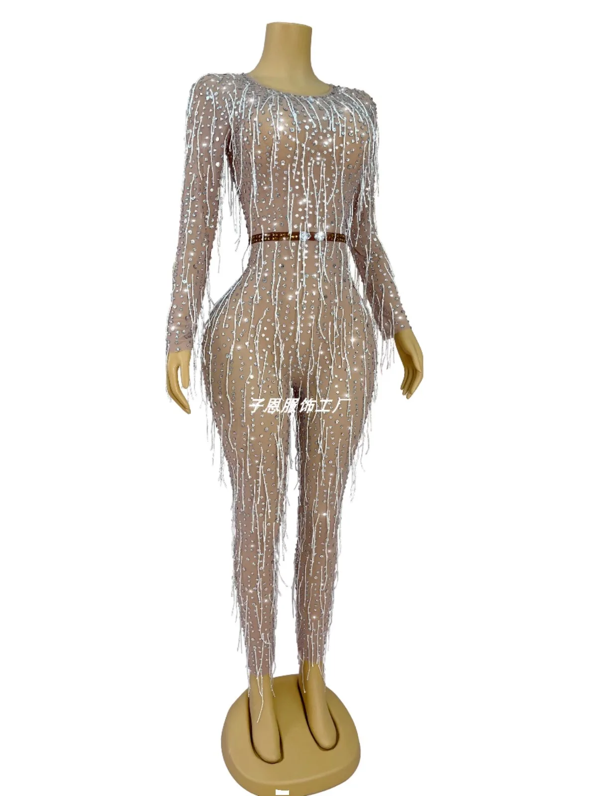 Sexy gauze tights sparkly rhinestone fringe girl singer party night show costume