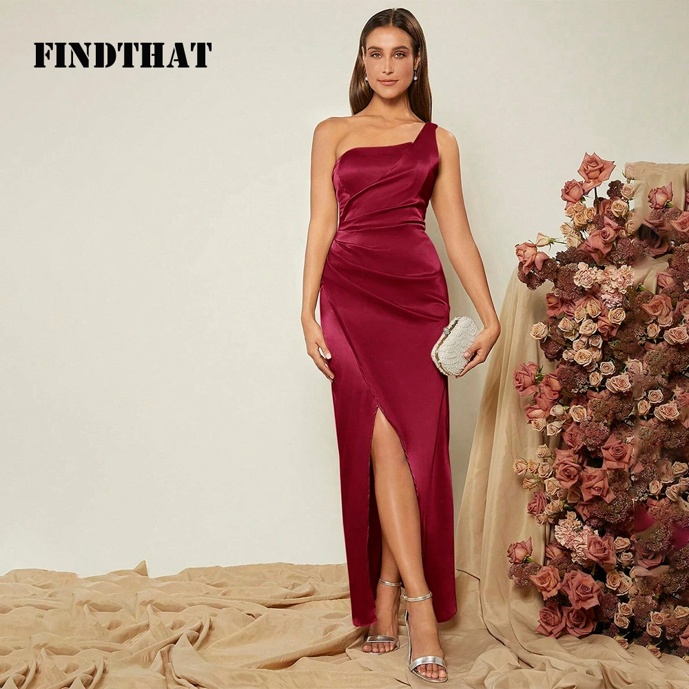 Findthat Elegant One Shoulder Sleeveless Ruched Bridesmaid Dress 2024 Satin Mermaid Evening Party Gown with Slit robes de soirée