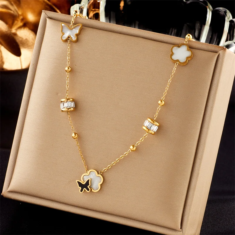 

18K Gold Shell Inlay Butterfly & Clover Necklace with Crystal Charms 316L Stainless Steel Women Jewelry
