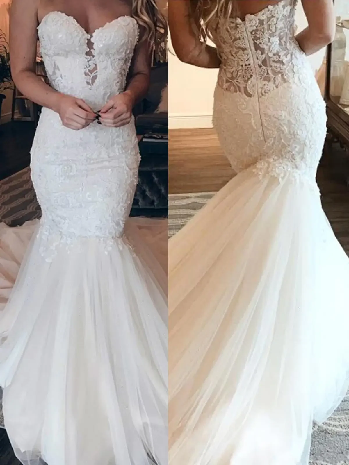 Robe de Mariée Sirène Personnalisée en Dentelle et Paillettes, Vêtement en Tulle avec Traîne, pour Patients