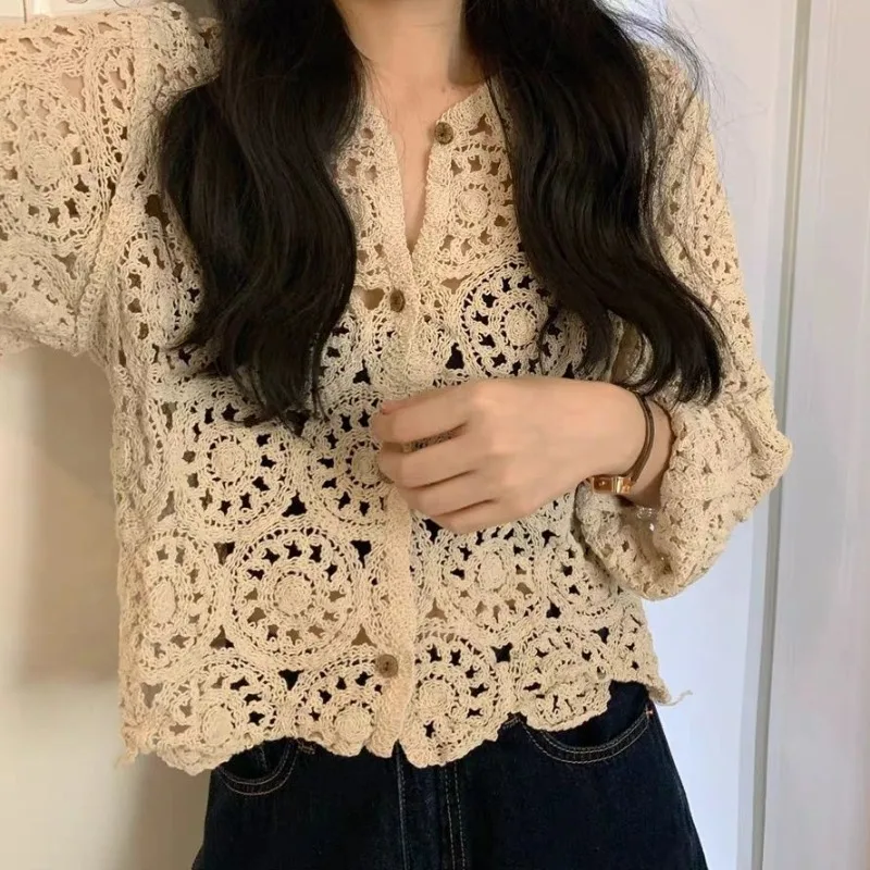 Hollow out sun cardigan top for women summer 2023 casual solid loose long sleeved hook lace small shirt short cardigan female