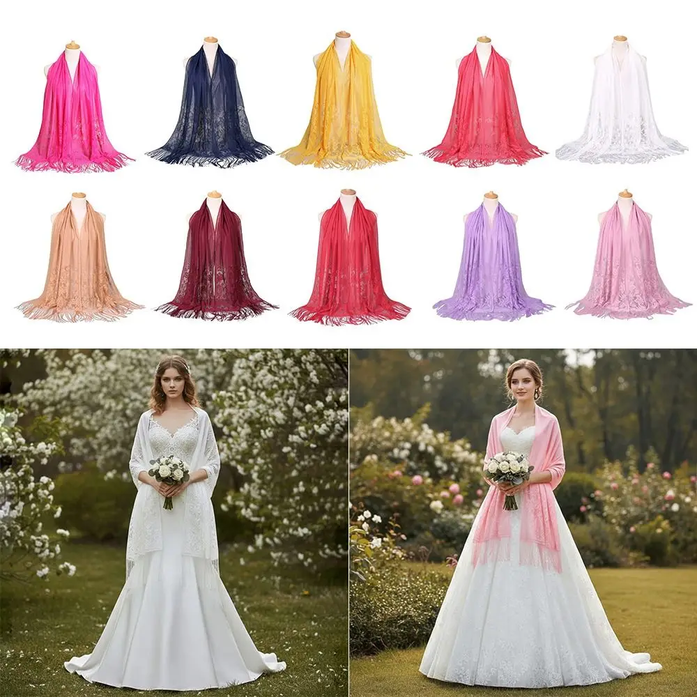 

Elegant Solid Color Lace Scarf Floral Printed Cotton Blend Hollow Scarf Tassel Trim Muga Silk Tassel Scarf Wedding Occasion