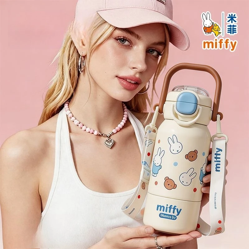 Cute Miffy Pattern 316 Stainless Steel Thermos with Straw Portable Water Bottle High Aesthetic for School Girls Daily Use Lovely