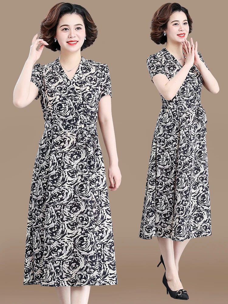 

Faionable Summer Dr for Middle-Aged Mothers Polyester Fiber ort Sve Long Skirt Loose pe V-Ne Plant Floral Pattern