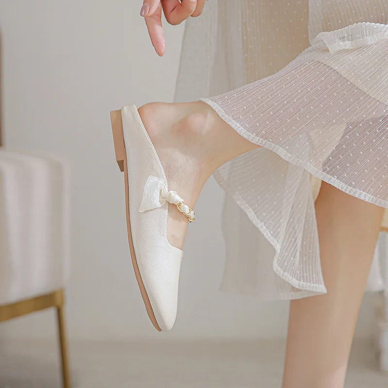 Zapatos de mujer, zapatillas planas con cadena, zapatos de punta redonda sin cordones a la moda, Sandalias planas cómodas albaricoque, talla grande 34-43