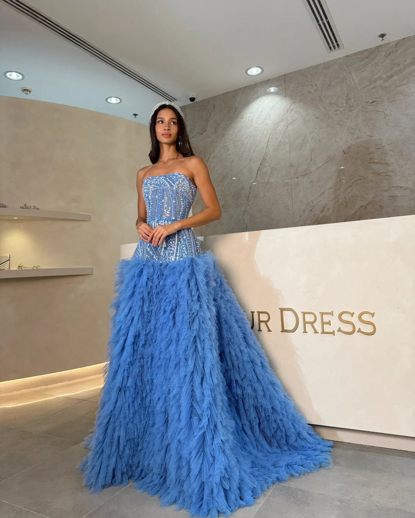 Luxury Blue Ruffles Tulle Evening Dresses 2025 Beaded Lace Floor Length Long Formal Party Dress Arabic Prom Gown فساتين سهرة