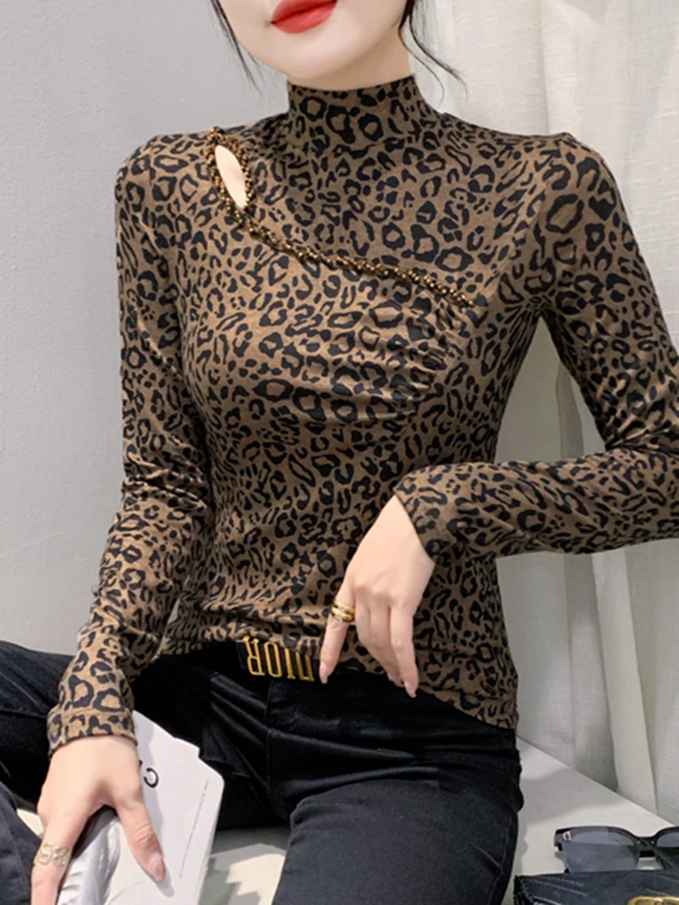 Maglietta Lunga con Ricami Elaborati e Traforata, Moda Autunnale da Donna, Maglia Base Snellente con Stampa Leopardata