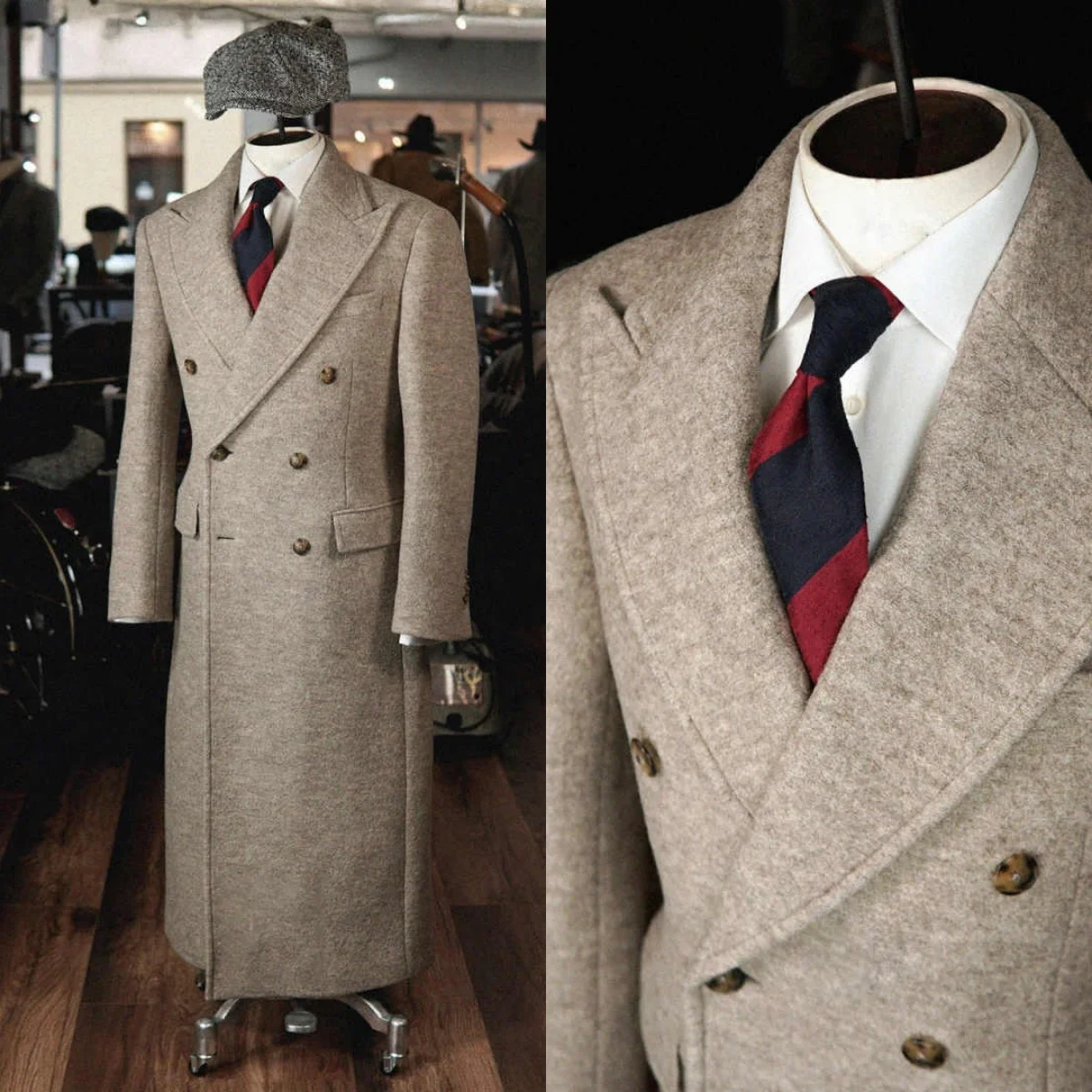 

Classic Wool Blend Men Wedding Tuxedos Double Breasted Peaked Lapel Jacket Blazers Autumn Winter One Piece Customized