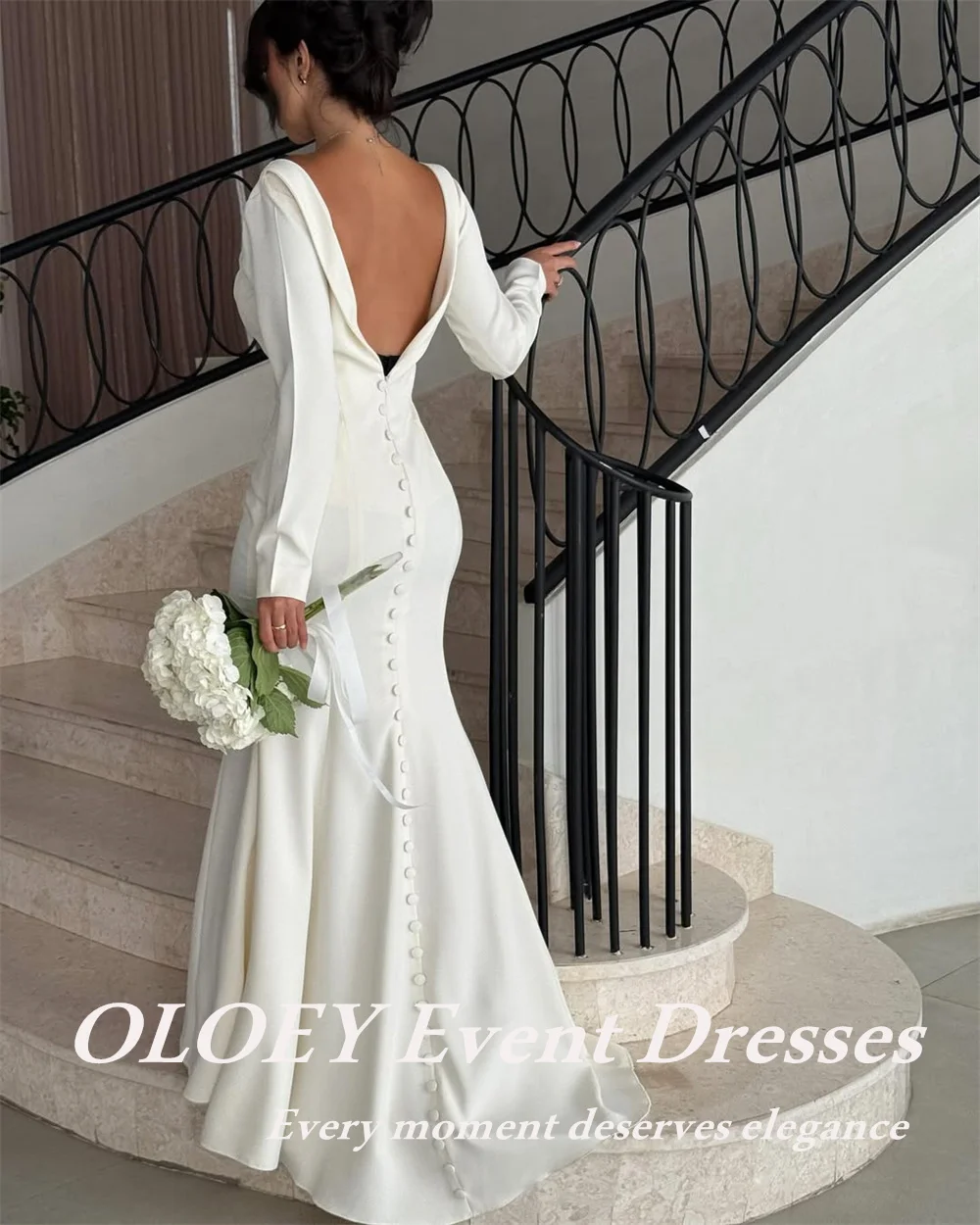 OLOEY 控えめなマーメイドのウェディングドレス長袖ストレッチブライダルドレスフロアレングスボートネックカスタマイズ فساتين زفاف