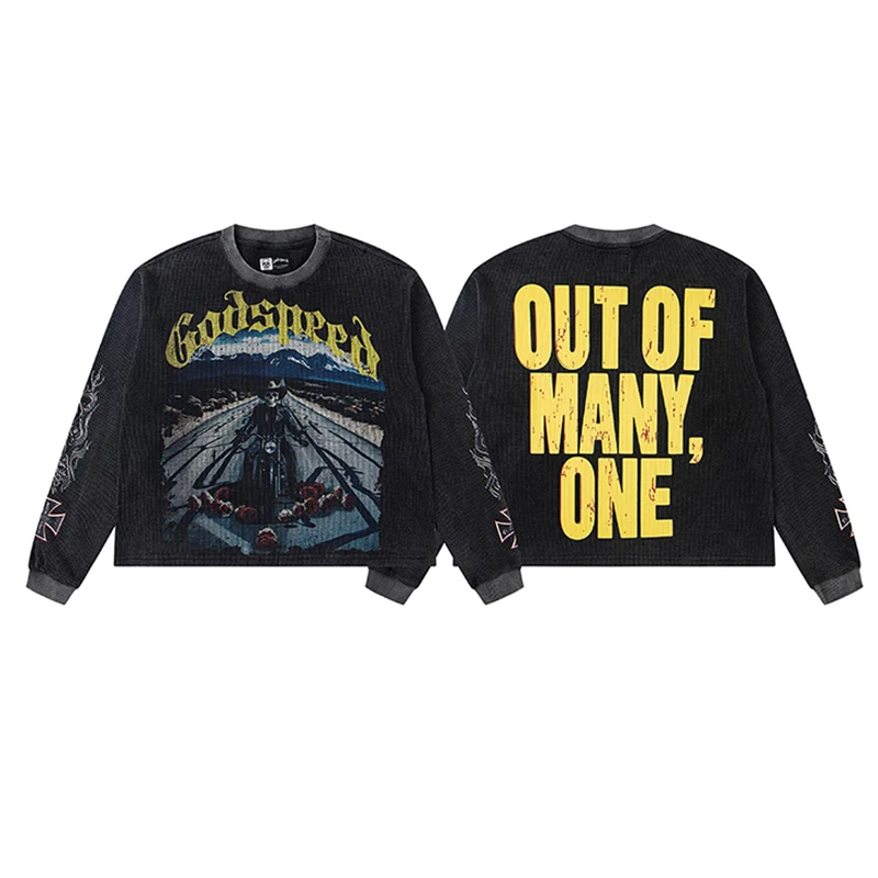 

Godspeed T-shirt Retro Washed Knitted Waffle Long-sleeved Rose Knight Skull Print Men Women Short Tops GOD SPEED Long Sleeve