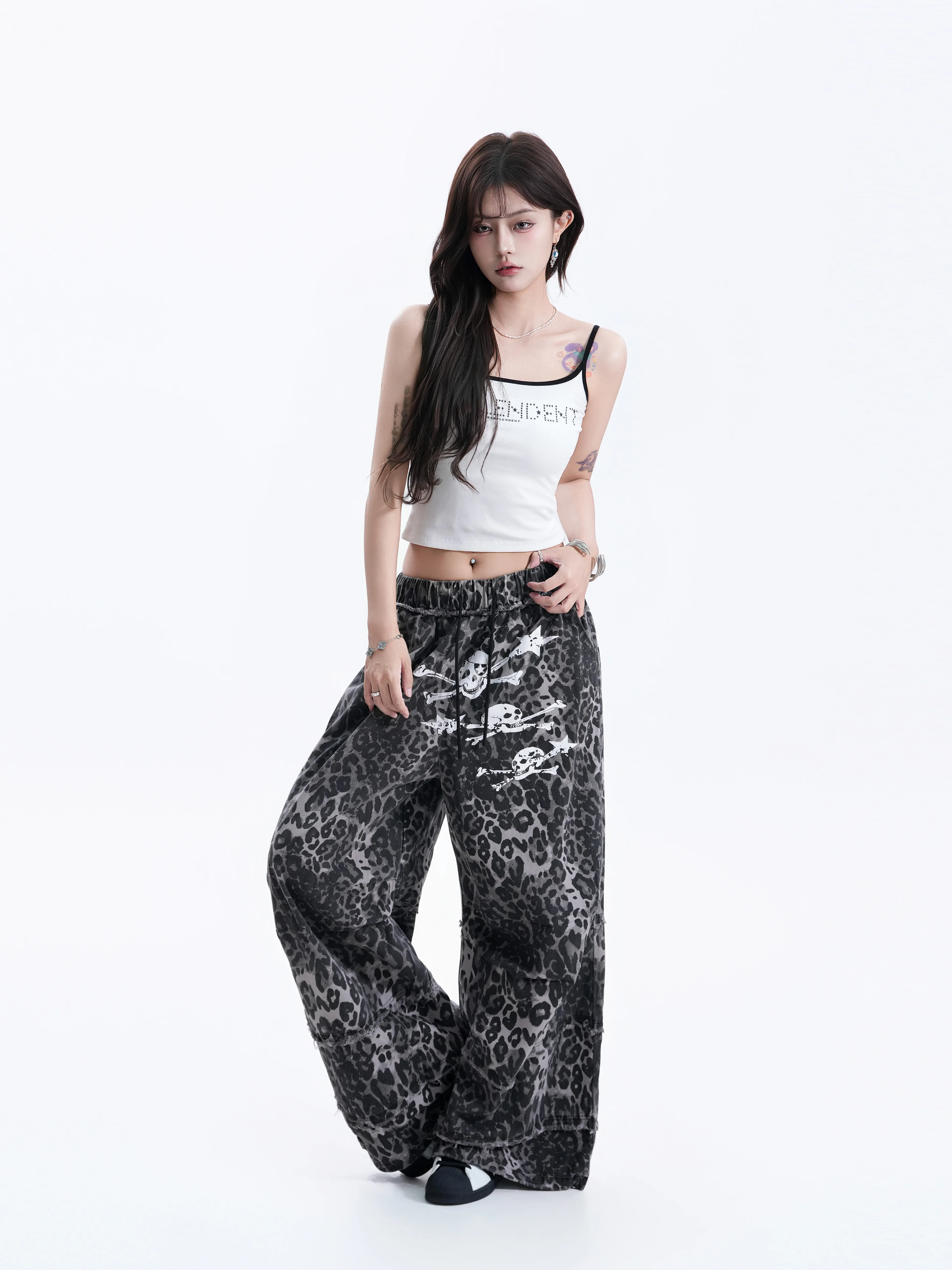 American Retro Leopard Print Wide Leg Pants Women's Skull Star Print Frayed Drawstring Couples Pants Street Style Casual Cotton