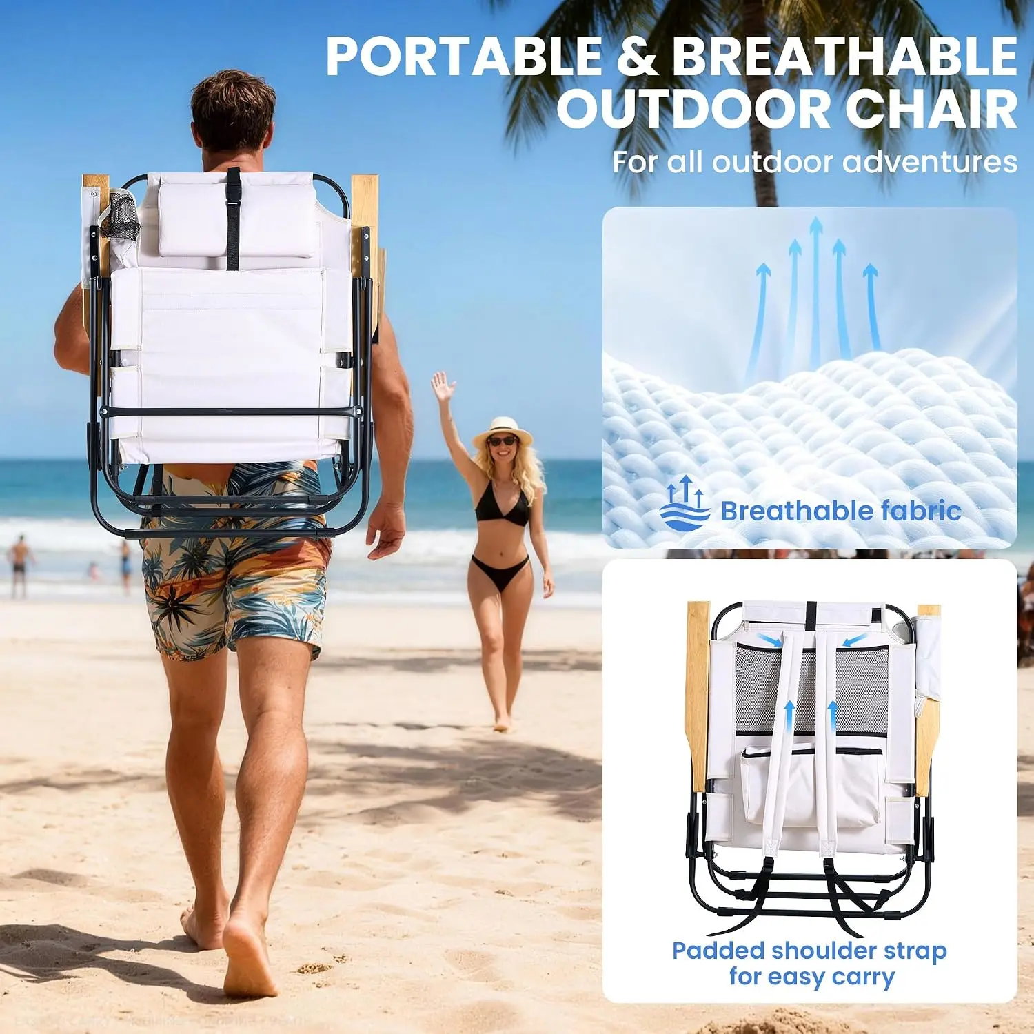 2 Pack Folding Camping Chairs, Portable Reclining Lawn Lounger With Adjustable Backrest, Outdoor Beach Tanning Seat With Wooden Armrests Headrest And Storage Pocket, Cream White