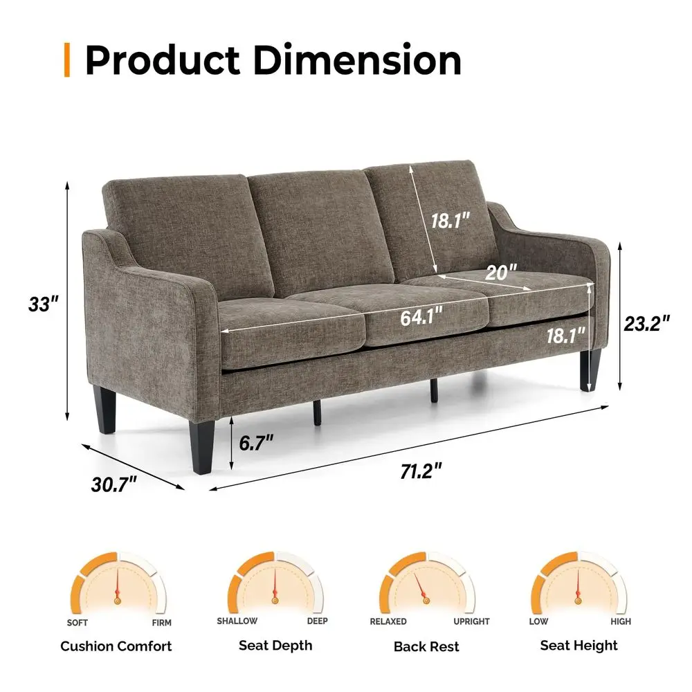 

Couches for Living Room, Brown 71 Small Sofa Mid Century Modern Couches 3 Seater Comfy Couch holstered Soft Chenille Floor Co