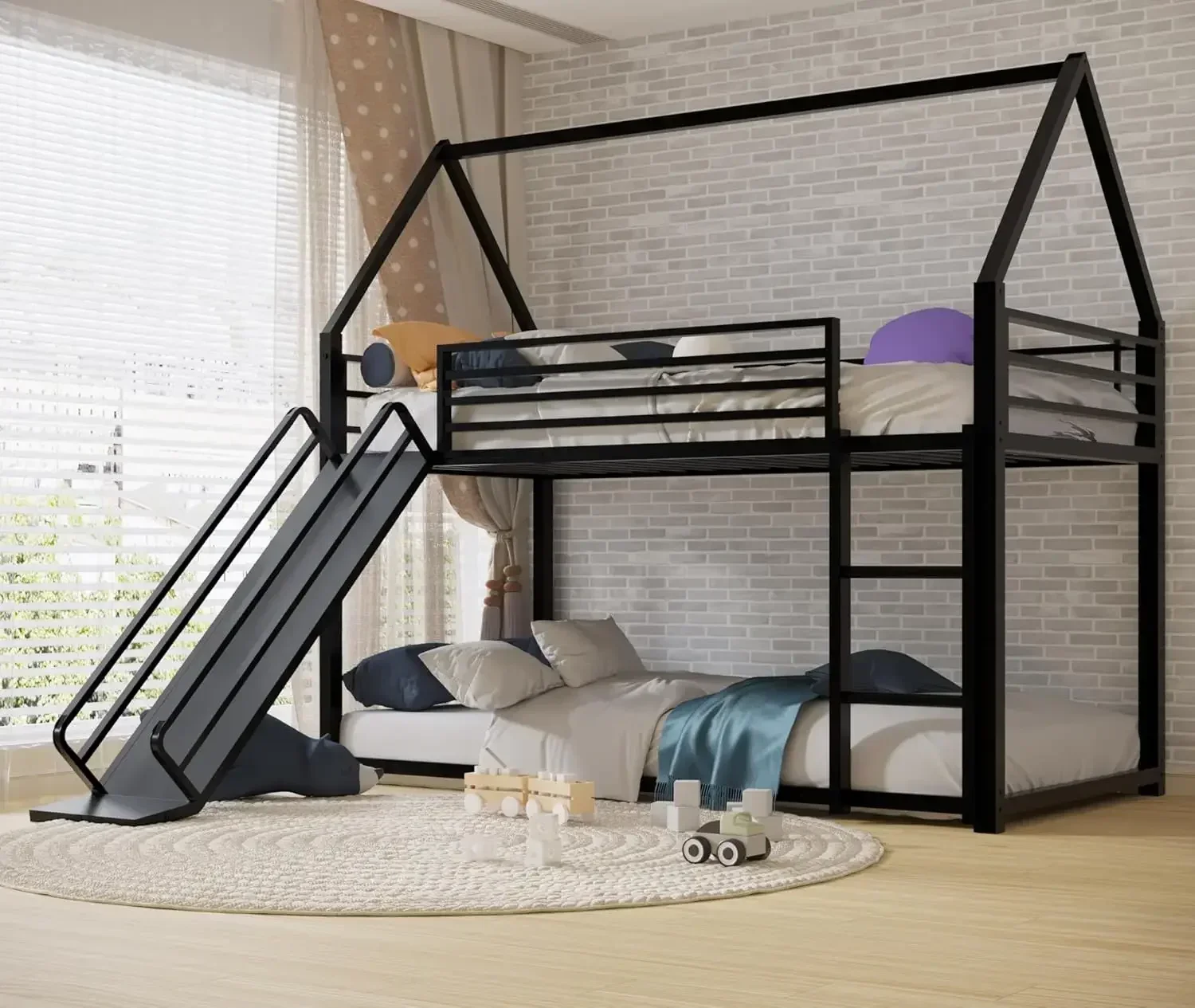 Activity priceHouse Shaped Low Twin Over Twin Bunk Bed With Slide Ladder Guardrail No Box Spring Needed Easy Assemble