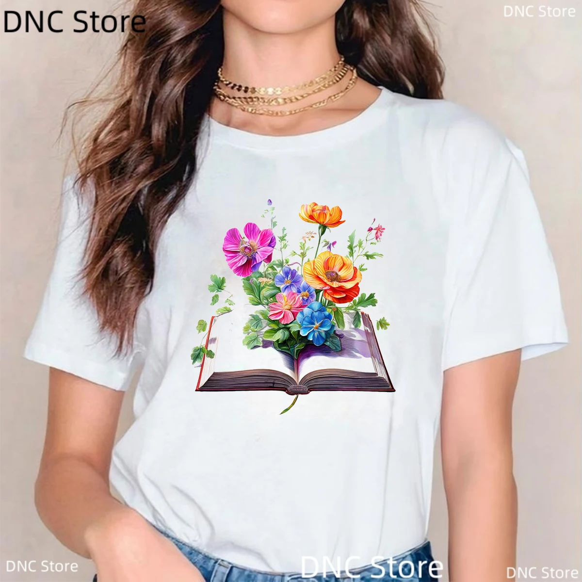 Funny  Floral Book Pattern Printed  Women T-Shirt Cute 90s Fashion Women Tshirt Casual Female Trendy Versatile T-Shirt Tops