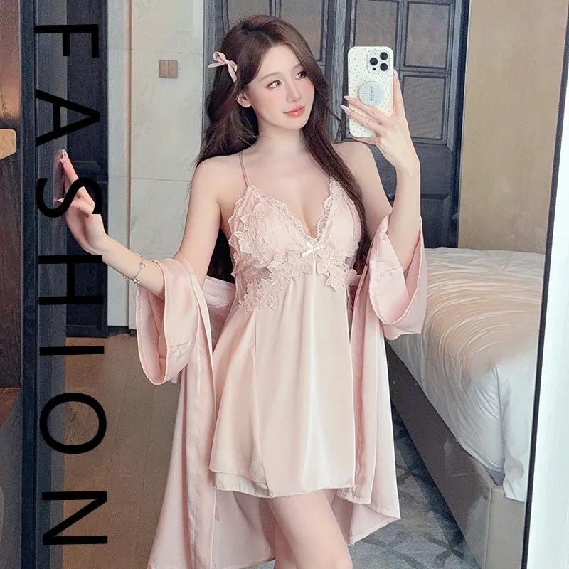 

Пижамы из ледяного шелка, женские весенне-летние тонкие ночные рубашки с v-образным вырезом на подтяжках, комплект из двух предметов, новая летняя сексуальная ночная рубашка с грудью p