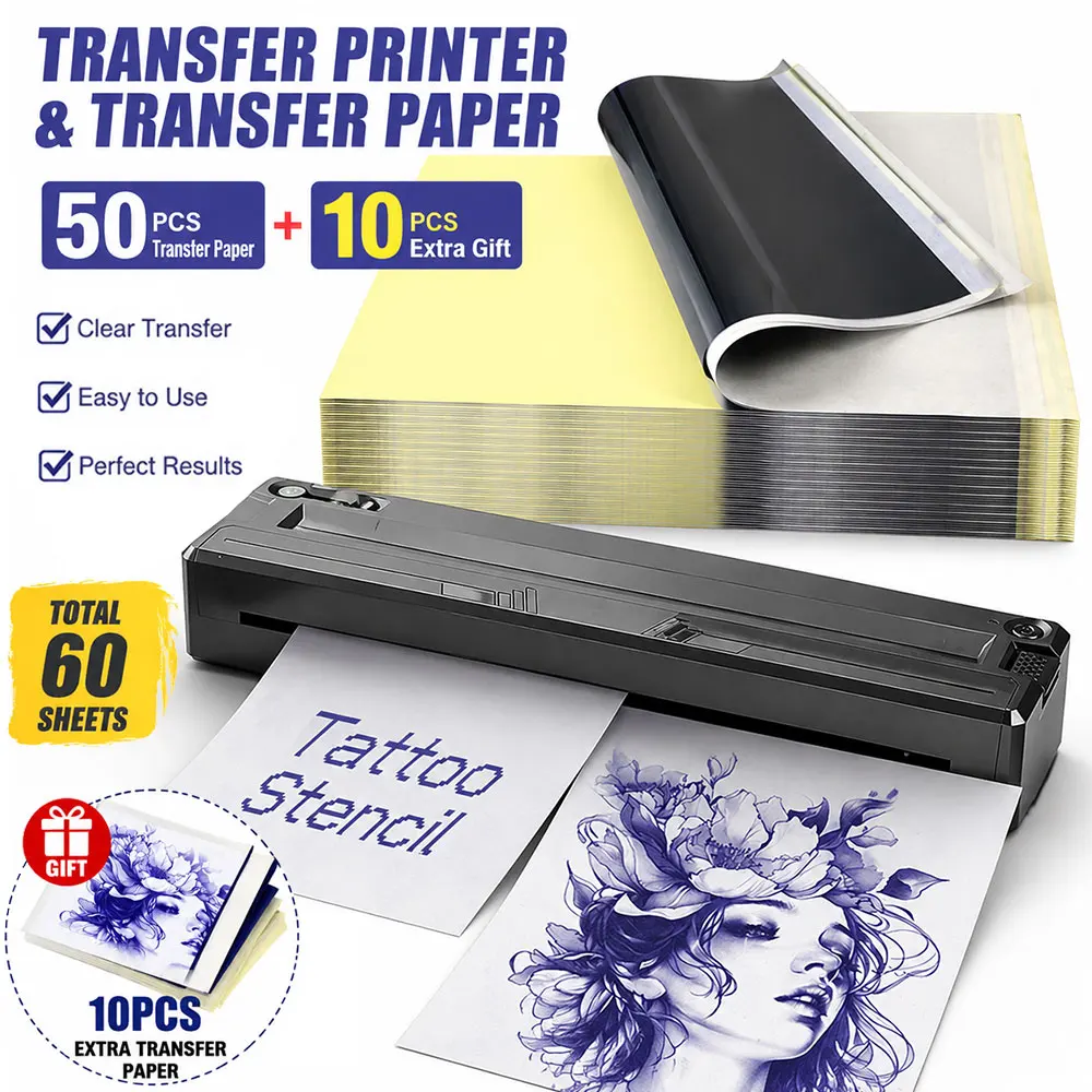 Tattoo Transfer Printer Machine with 60PCS Transfer Paper Portable Thermal Copier Stencil Printer for Tattoo Artists Supplies