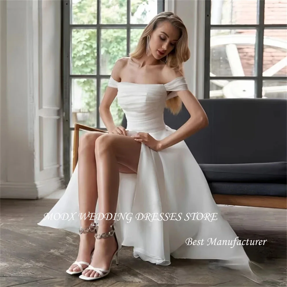 

MODX Sexy Off the Shoulder Tea Length Wedding Dress A Line Silk Organza Split Simple Bridal Gown Women Lace Up Back
