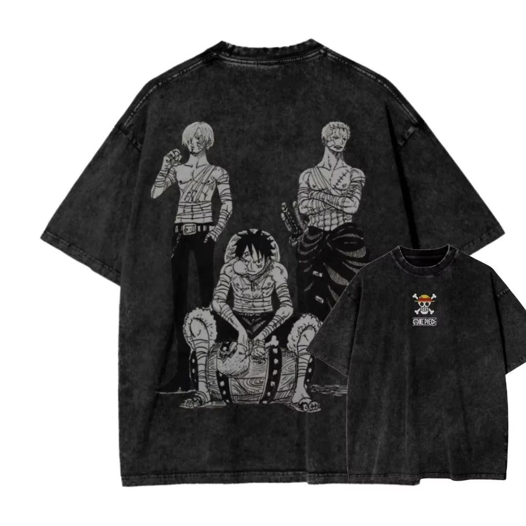 2026 NEU ONE PIECE Nika Form Luffy Anime Oversize High Street Vintage Washed Old Kurzarm-T-Shirt Herren Sommer