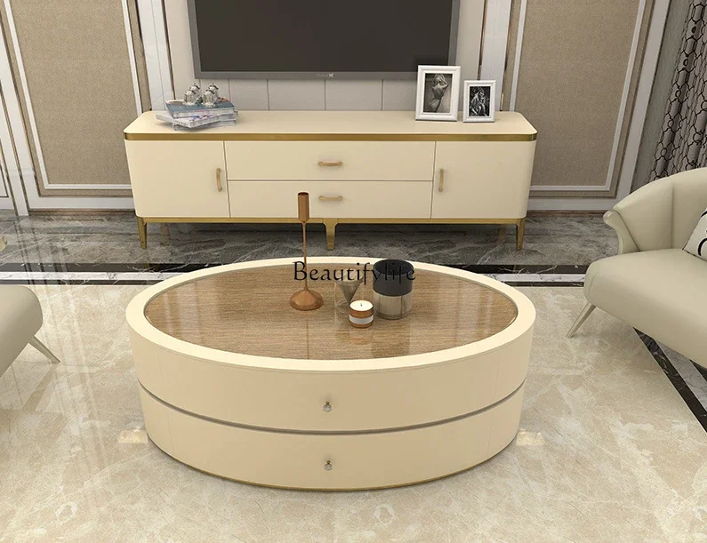 Coffee table household American light luxury TV cabinet living room round coffee table