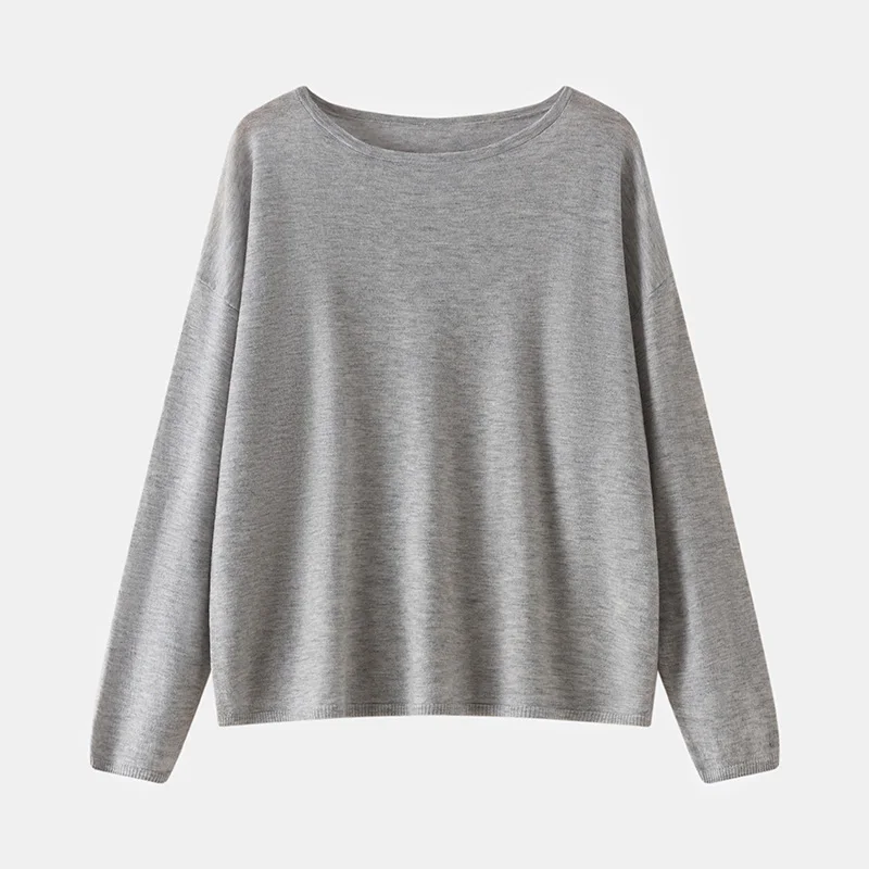 

Женский свитер из 100% камвольной шерсти, весна/осень, однотонный, повседневный, вязаный пуловер, свободный джемпер с круглым вырезом, топы-футболки