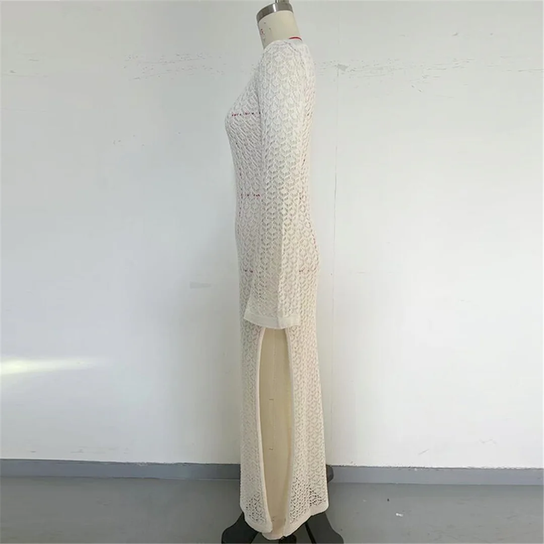 Ausgeschnittenes, langärmliges, hochgeschlitztes, gehäkeltes, gestricktes Tunika-Strandkleid, Strandkleid, Strandmode, Damen V8512 – Detail 25