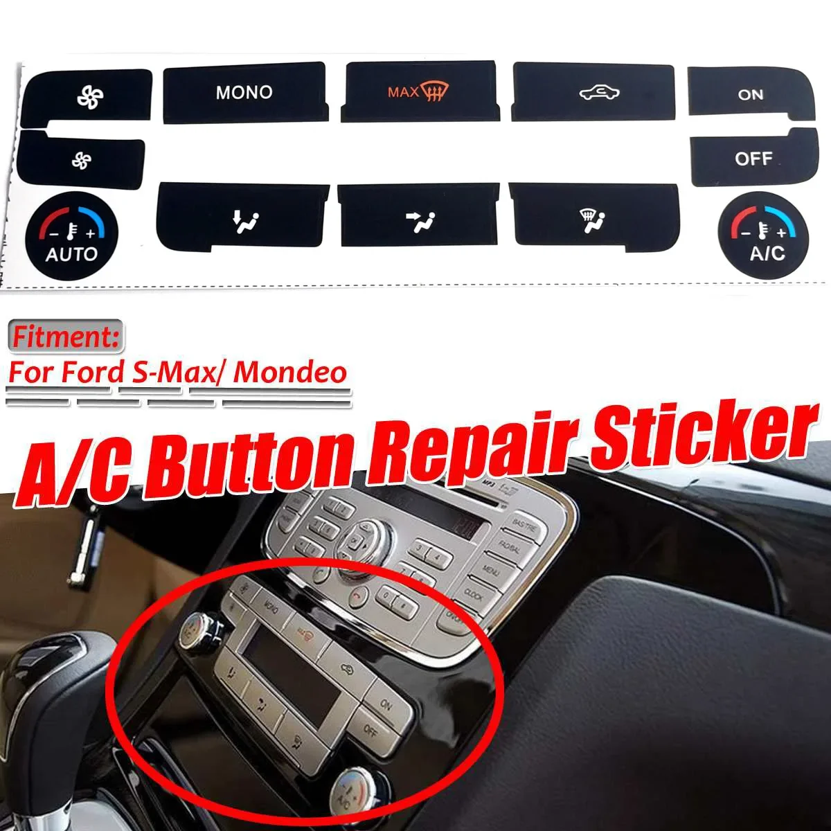 Car Interior A/C Button Repair Sticker Matte Black Decals Car Stickers Accessories For Ford S-Max For MONDEO