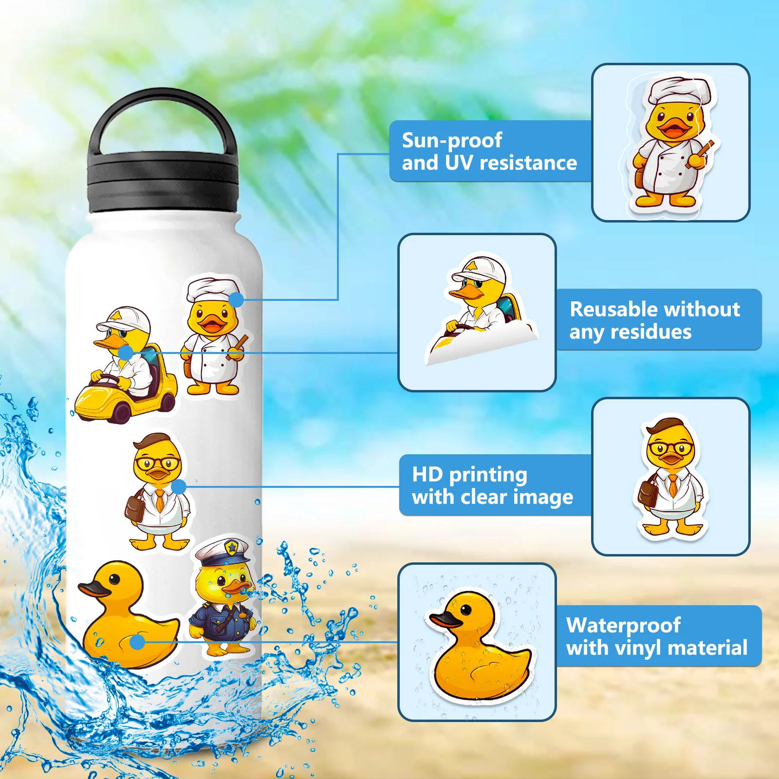 50pcs Duck Stickers,Cute Yellow Duck for Water Bottles phone