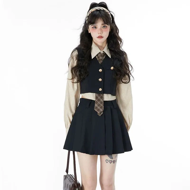 Korea Preppy Style Mini Skirt Spring y2k Four-Piece Set Women Long Sleeve Top Black Short Skirt Suit Night Club Party Dress New