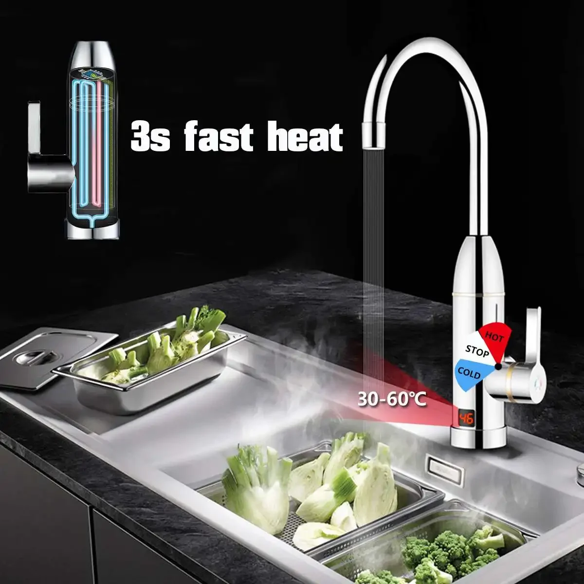 Grifo de calefacción instantánea para cocina, calentador de agua de doble uso, sin depósito, con pantalla LED, 3000W, 220V